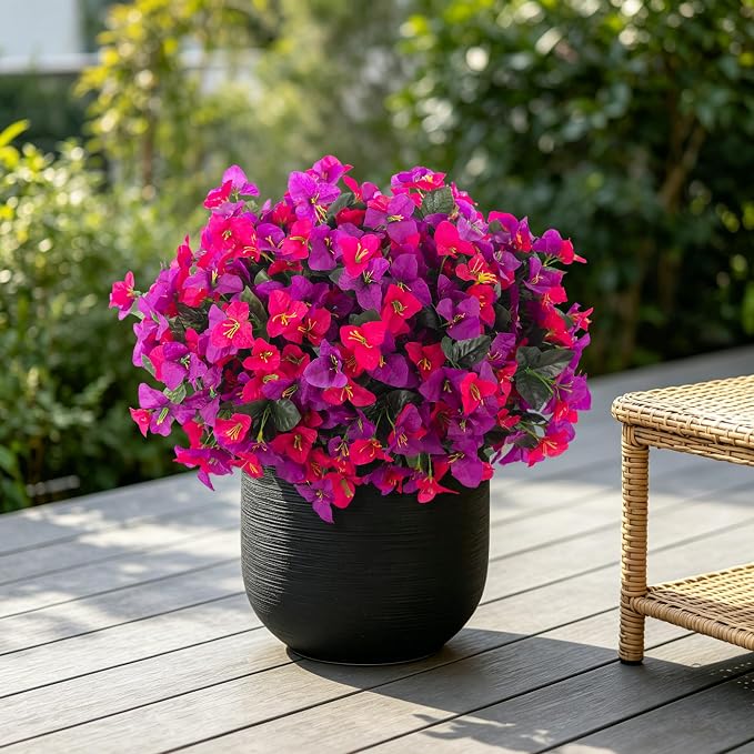 INXUGAO Artificial Flowers Faux Plants for Outdoors Spring Summer Decor, 6 Bundles Fake Bougainvillea Silk Flowers UV Resistant Realistic for Outside Planter Porch Patio Garden Home (Purple Fuchsia)