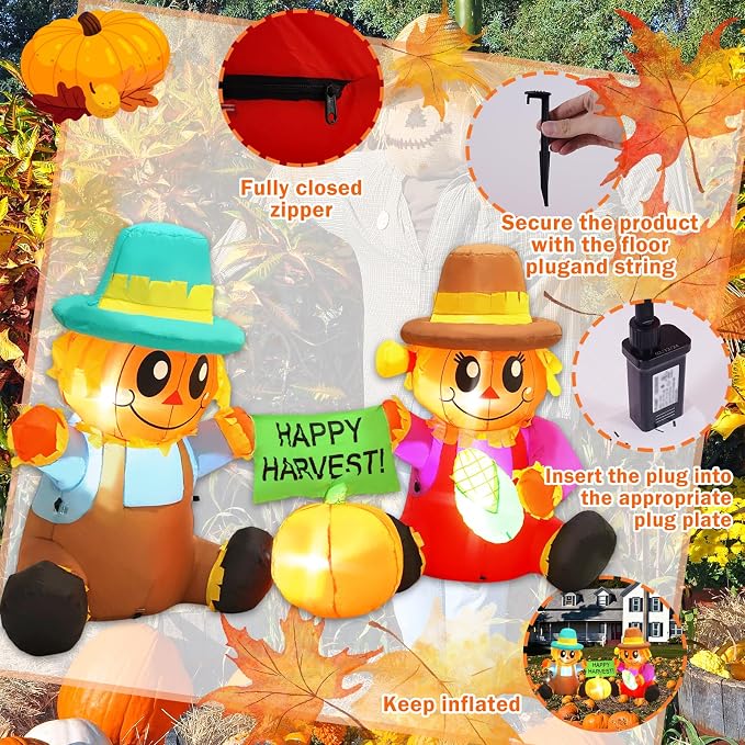 6FT Long Fall Inflatables Outdoor Decorations, Inflatable Scarecrow and Pumpkin, Built-in LED Fall Autumn Harvest Thanksgiving Inflatables Blow Ups for Outside Yard Garden Lawn