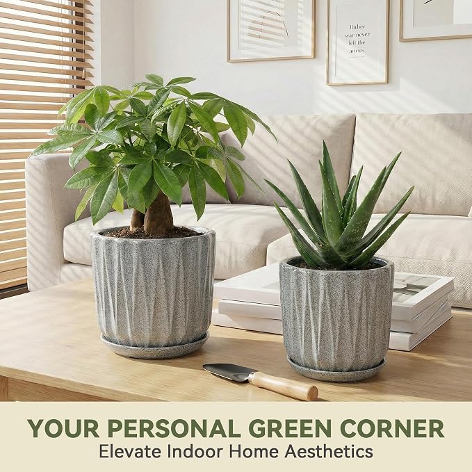 7.5 Inch Ceramic Planter Pot with Saucer Drainage Leak-Proof Mesh,Flower Pots for Indoor Plants with Gardening Gloves,Ceramic Planter(Stone Grey)