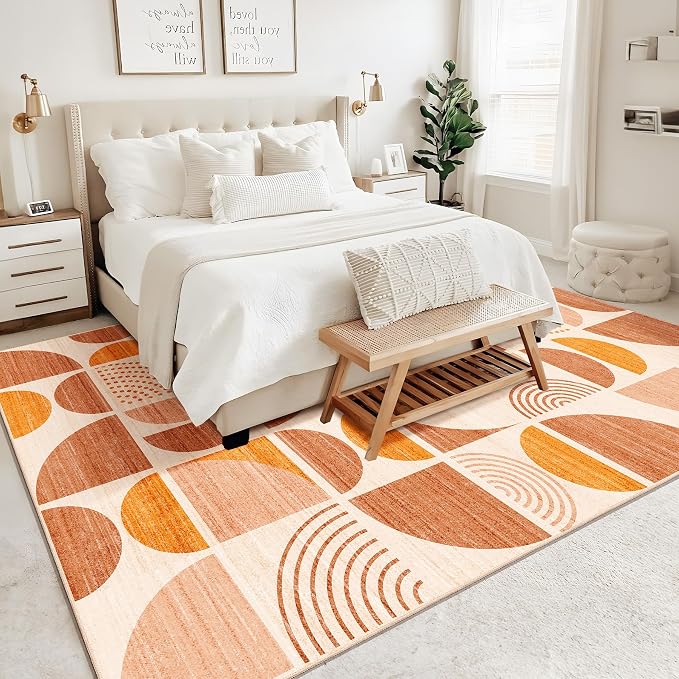 9x12 Area Rugs,Washable Rug Non Slip Modern Abstract Boho Large | Throw Carpet for Living Room Bedroom Dining Room Soft Low Pile Floor Indoor Bohemian Orange