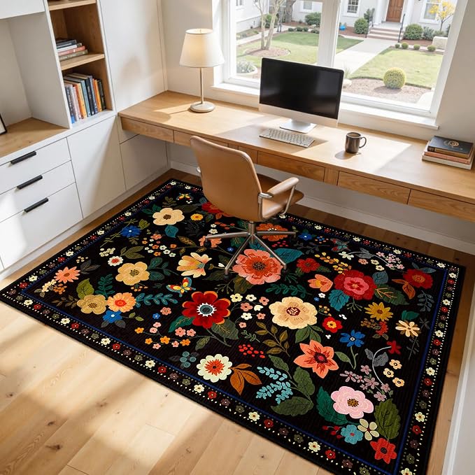 RELEANY Floral Washable 7x9 Area Rugs Black | Flower Carpet, Print, Boho, Non-Slip, Easy to Clean, Soft, Low Pile for Living Room Bedroom Kitchen Office Entryway Hallway