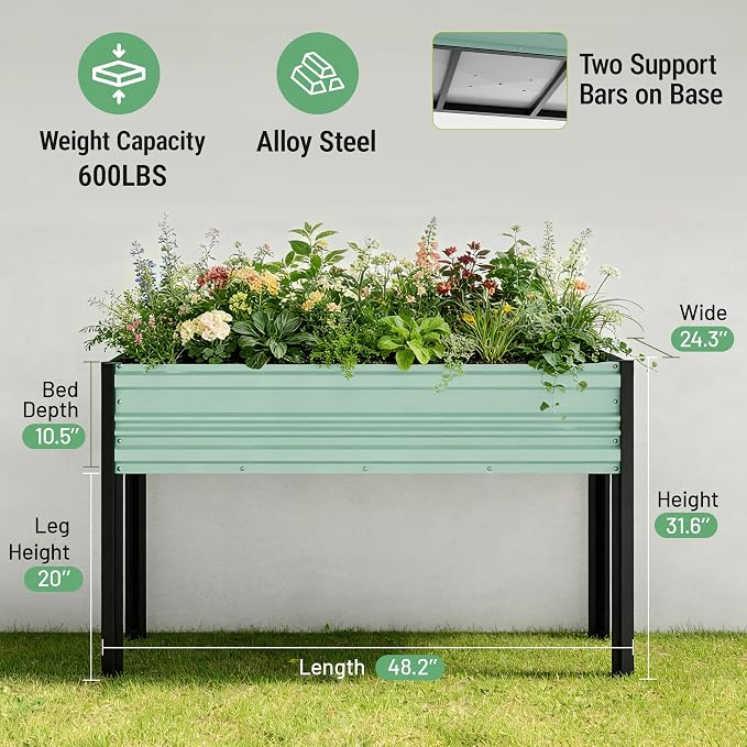 WORKPRO 48x24x32in Outdoor Galvanized Raised Garden Bed with Legs, 600LB Elevated Planter Box for Vegetable, Flowers, Herbs, Light Green