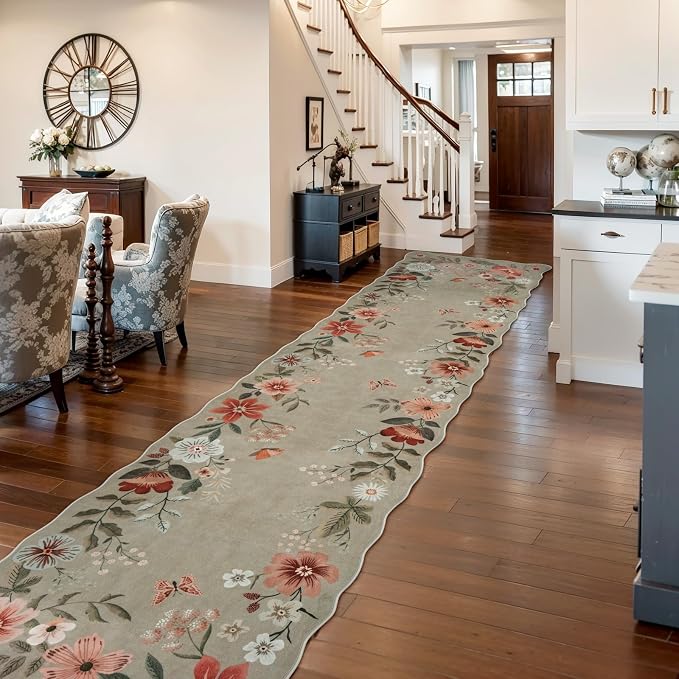 Lahome Floral Hallway Runner, 2'6''x10' Soft Washable Runners for Hallways | Non Slip Ultra-Thin Kitchen Runner Stain Resistan Carpet for Entryway Bathroom Flore, Brown