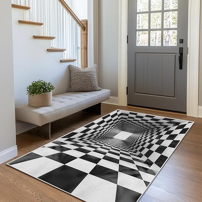Boho Area Rug for Living Room Abstract 3x5 Entryway Rug Modern 3D Hole Trap Optical Visual Illusion Rugs Non Slip Low Pile Machine Washable Black White Floor Carpet for Indoor Bedroom Dining Room