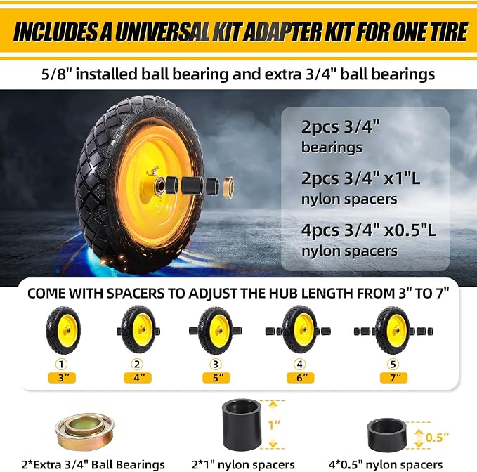 MZREXN 4.80/4.00-8" Flat Free Tire and Wheel 15" Wheelbarrow Tires | 3.00-4.00/4.80-8" Solid Tire with 5/8" & 3/4" Bearings, 3" Centered Hub for Hand Truck Garden Trailers 2PCS Yellow