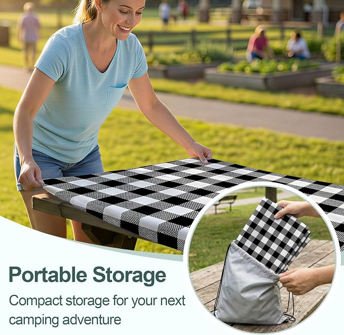 Play Tailor Picnic Table Cover with Bench Covers Camping Essentials Waterproof Windproof Camping Tablecloth with Drawstring Bag, Fitted Rectangle Tables and Seats, 72in, White Black Checkered