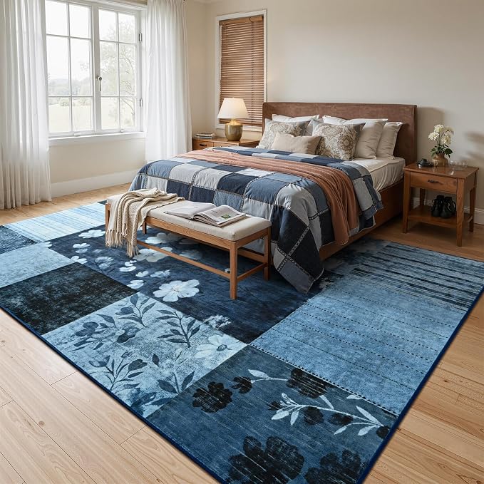 DweIke Floral Rugs for Living Room, 5x7 Washable Area Rug for Dining Room Farmhouse Office Bedroom Decor, Geometric Patchwork Stain Resistant Low Pile Indoor Floor Throw Rugs, Navy Blue