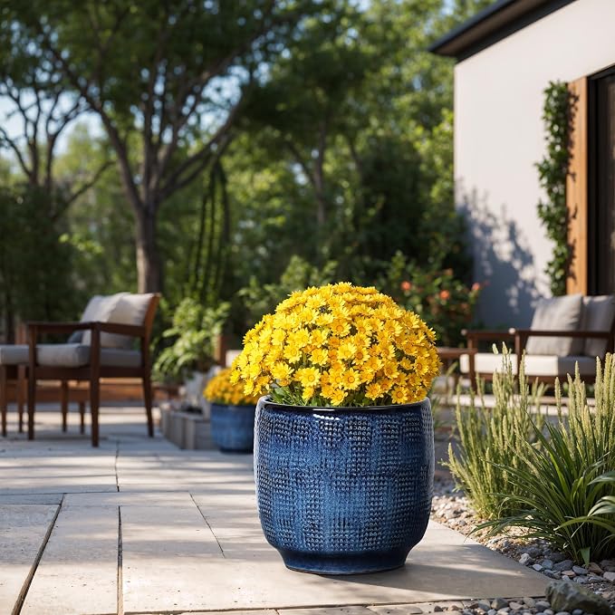 LuxenHome 12" Dia Large Ceramic Pots for Plants, Blue Glazed Planters for Outdoor Plants, Round Indoor Flower Pots with Drainage Hole and Rubber Plug for Home Garden Patio