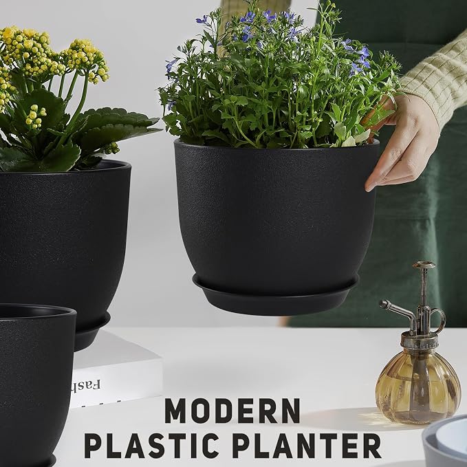 YNNICO Plant Pots 10/9/8/7.5/7 inch Set of 5,Flower Pots with Multi Mesh Drainage Holes, Large Planters for Indoor Outdoor Garden Plants and Flowers. (Black)