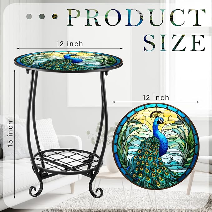 Cinnvoice Outdoor Side Table Round Small Mosaic Patio Accent Indoor End Plant Coffee Tea Table for Yard Patio Porch Garden Living Room, Bedroom(Peacock Style,12 Inch)