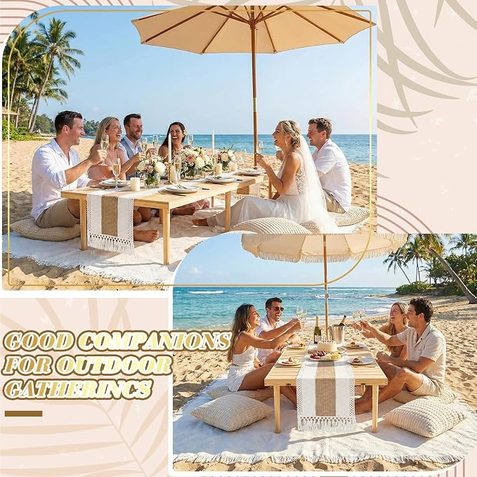 Beeveer 8 Pcs Cream White Picnic Kit, 91x71'' Extra Large Outdoor Boho Picnic Blanket, Low Table Runner, 6 Throw Pillow Cover, Woven Cotton Yarn Oversize Washable Beach Blanket for Camp Wedding Garden