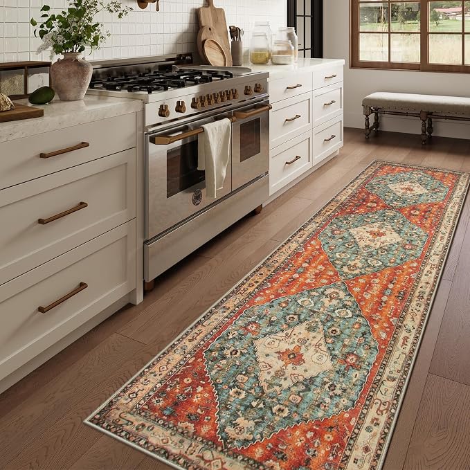 Lahome Felice Boho Tribal 2'6" x 10' Washable Runners for Hallways, Oriental Kitchen Runner Rugs Non Skid Washable, Oriental Soft Long Stair Carpet Runner for Living Room Bedroom, Rust/Dull Teal