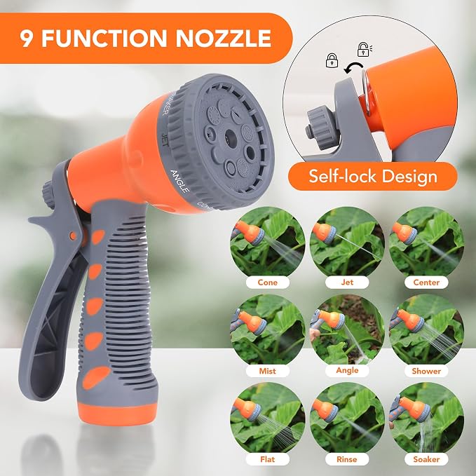 GAOMON Retractable Garden Hose Reel - 1/2 in x 72 ft, Wall Mounted, 9-Function Sprayer, Any Length Lock, 180° Swivel, Automatic Slow Rewind
