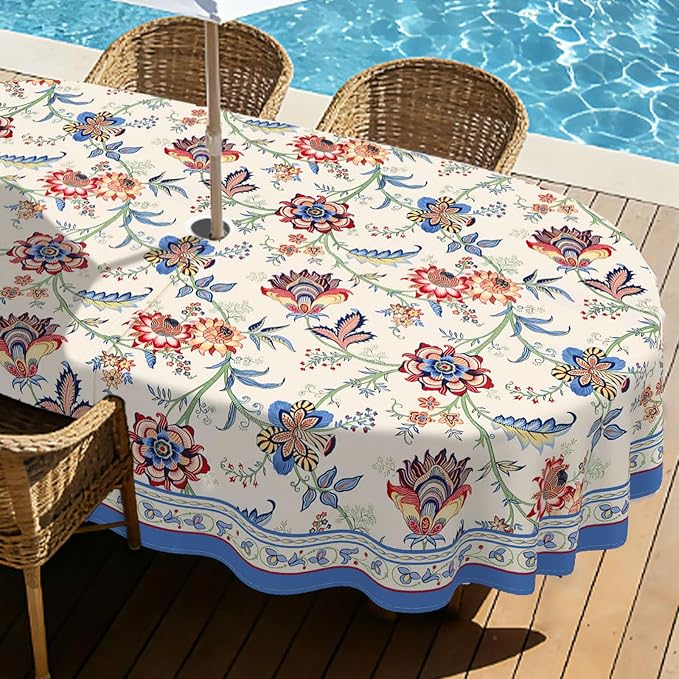 Vintage Flowers Outdoor Oval Tablecloth with Umbrella Hole 60" x 102" Waterproof Zipper Table Cloth for Garden - Ideal Patio Table Cover for Picnics, Camping, and Yard Use