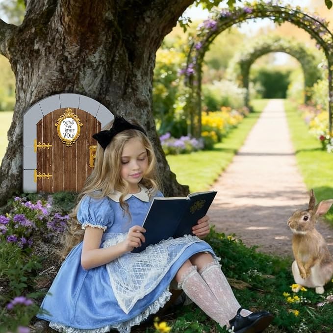 Preboun Wonderland Tea Party Decor Outdoor Down The Rabbit Hole Garden Decor Yard Sign Vintage Gold Oval Tea Party Decoration for Wonderland Birthday Baby Shower Lawn Garden(Door)