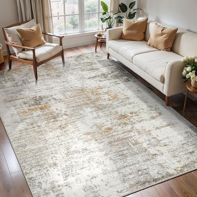 Beige Abstract 4x6 Washable Rug, Modern Non Slip Rugs for LIving Room | Tangsoo Contemporary Indoor Carpet, Neutral Soft Low Pile Floor 4x6 Area Rug for Dining Room Bedroom Dorm Bedside Home Decor