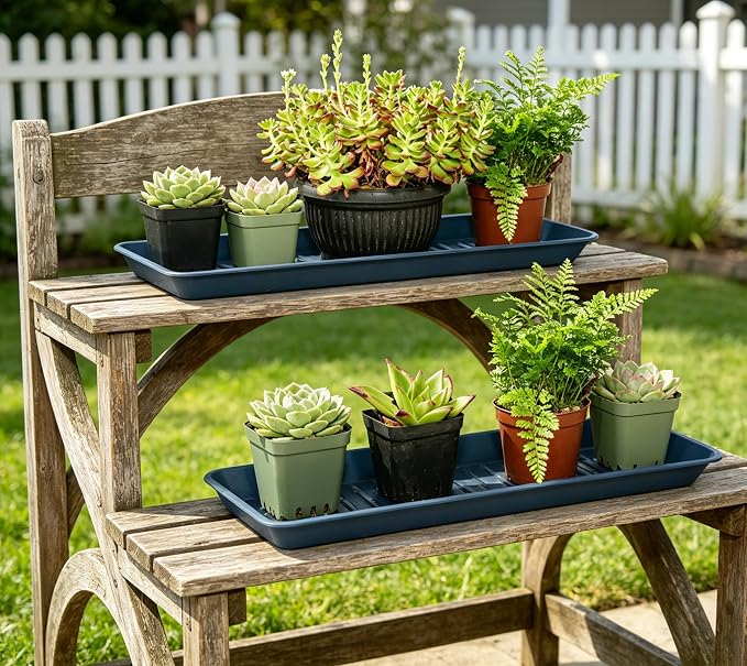 4 Pack Rectangular Plant Saucer 16 Inch, Heavy Duty Plastic Drip Trays for Pots, Windowsill Planter, Indoor Outdoor, 7.0 x 16.1 Inches, Blue