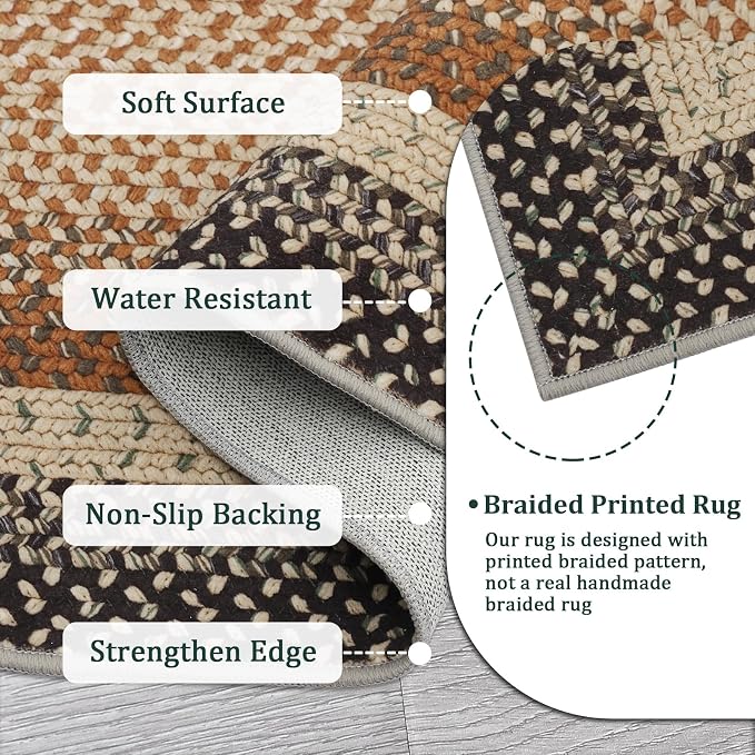 RUGSREAL Large Living Room Area Rug 10x13 Braided Washable Rug Non Slip | Bedroom Carpet Stain Resistant Dining Room Braid Printed Farmhouse Accent Throw Rug for Home Decor Office, Sand/Bronze