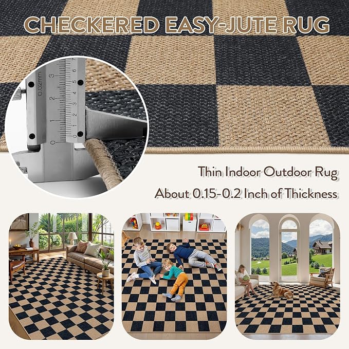 Lahome Colette Checkered Easy Jute Rug, 9x12 Area Rug for Living Room Indoor Outdoor Carpet, Farmhouse Neutral Non Slip Non Shedding Stain Resistance Floor Carpet for Patio Dining Room Backyard