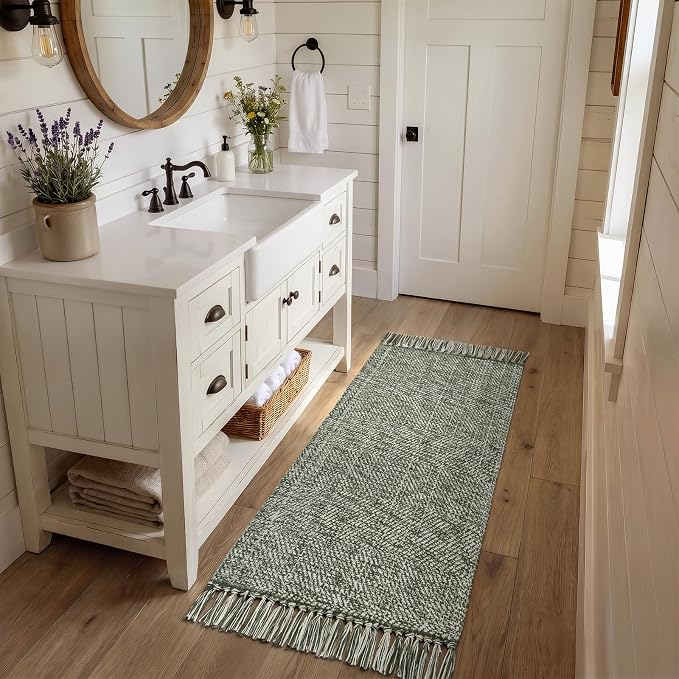 Sage Green Bathroom Runner Rug, Machine Washable Kitchen Rugs | 2'x5' Boho Hand-Woven Entryway Rugs Runners for Hallway, Modern Farmhouse Laundry Carpet Indoor Front Door Mat for Bedroom