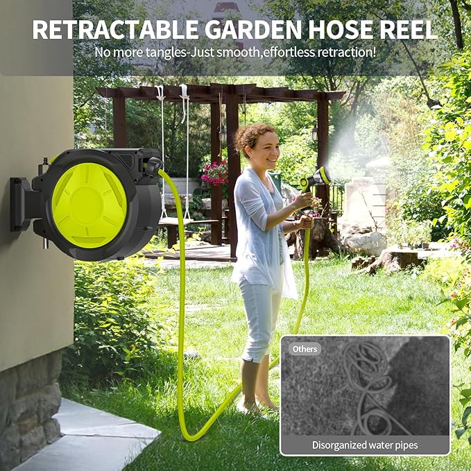 Fenbeli Retractable Garden Hose Reel 50 FT, Wall Mounted Auto Rewind Hose Reel with 10 Pattern Nozzle, Any-Length Lock, 180° Swivel Bracket, Burst-Resistant Hose & Brass Fittings for Yard Car Wash