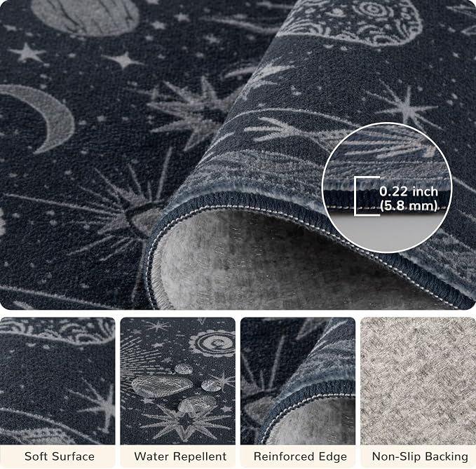 Vacuum-Friendly, 6x9 Washable Area Rug, Blue Gray White | Sun and Moon Boho Gothic Non-Slip Low Pile Living Roon Bedroom Dining Room Kitchen Entry Entryway Entrance Hallway Doormat