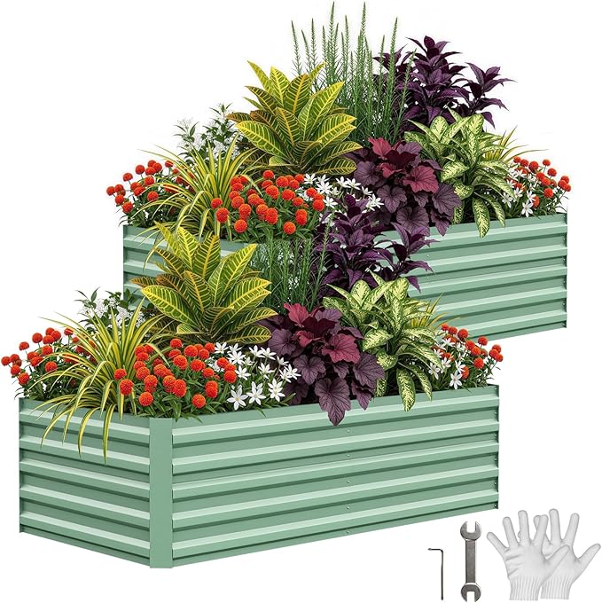 Garvee 2PCS 6x3x2ft Galvanized Raised Garden Bed Outdoor,Rust-Resistant Raised Garden Beds for Gardening, Easy Assembly Outdoor Garden Box & Planters, Green