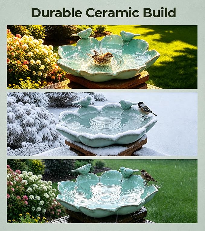 11.8" Ceramic Birdbaths for Outdoors | Bird Bath for Outside with Bird Figurines, Decorative Outdoor Bird Bath Bowl for Garden Decor, Gifts for bird lovers