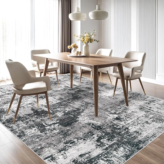 9x12 Area Rugs Washable Rug: Abstract Neutral Rugs Modern Non Slip Area Rug Stain Resistant Low Pile Indoor Carpet for Dining Room Bedroom Nursery Office (Black Grey, 9'x12')