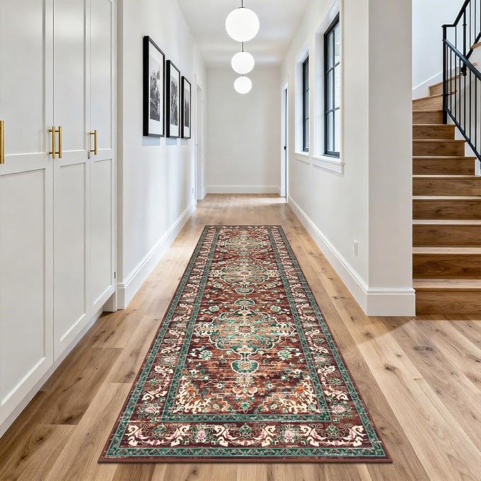 U'Artlines 3' x 10' Boho Hallway Runner Rug, Washable Carpet, Rust＆Teal | Non Slip, Vintage Farmhouse Accent Area Rug Carpet, for Bedroom, Dining Room, Laundry and Living Room