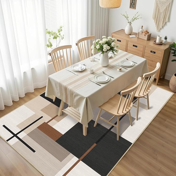 Geometric 3x5 Area Rug for Bedroom Neutral Abstract Mid Century Modern Rug Soft Washable Rugs Non Slip Low Pile Carpet for Nursery Home Office,Beige Brown Black