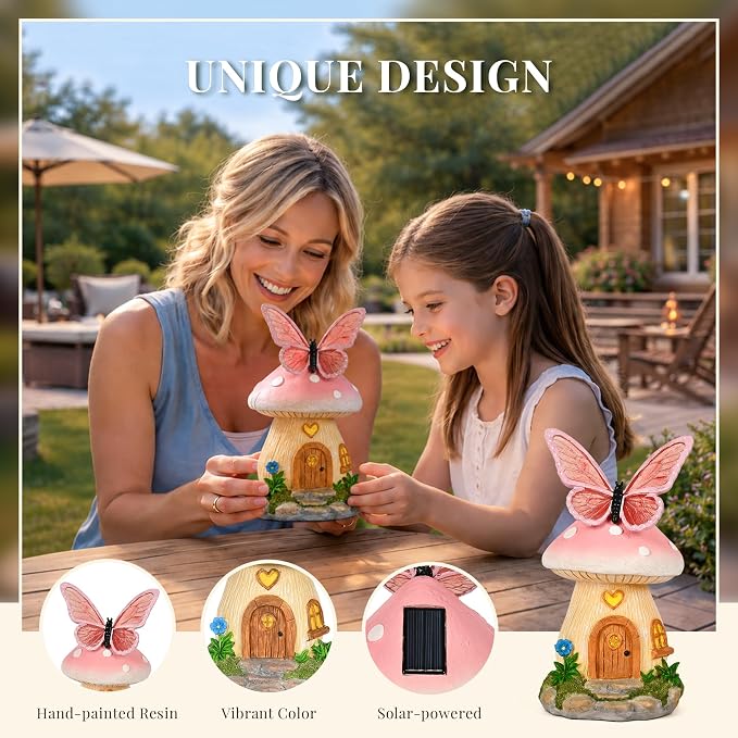 GIGALUMI Fairy Garden Houses Mushroom 9.3",Garden Statues,Fairy Houses for Outside, Butterfly House, Mushroom Decor for Yard, Patio and Birthday Gifts for Mom Women（Pink）