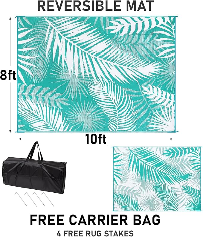 Outdoor Rug 8'x10' Waterproof for Patios Clearance, Reversible Outdoor Plastic Straw Rug Camping Carpet, Outside Floor Mats Large Area Rugs for RV,Patio,Deck,Porch, Beach,Balcony,Teal&White