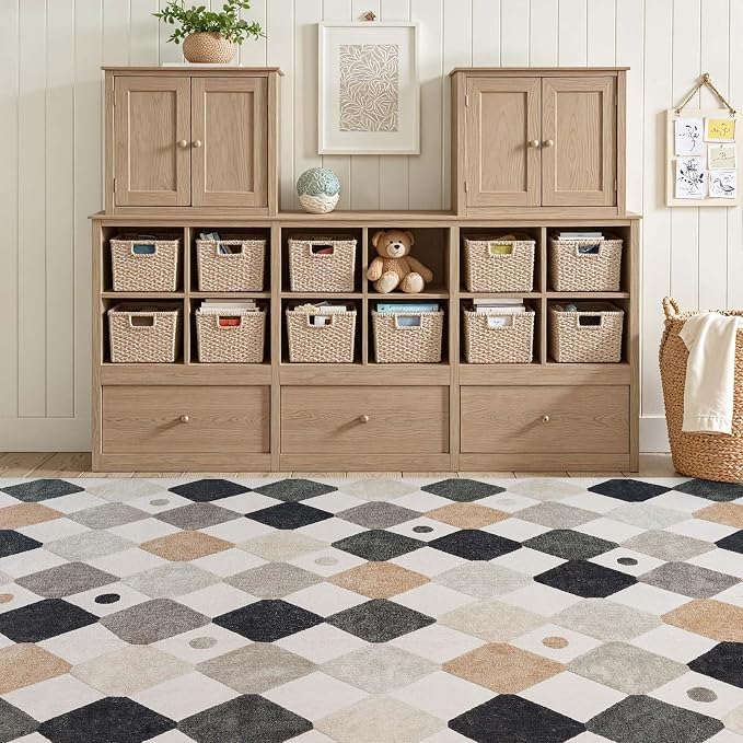 jinchan 8x10 Kids Playroom Rug Washable Diamond Nursery Play Mat Marble | Soft, Non-Slip, Cute, Kid-Friendly, Checkered Geometric, Black White on Cream, Classroom, Living Room, Bedroom, Dorm, Daycare