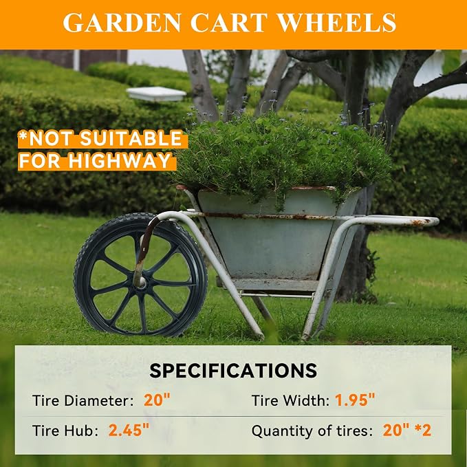 20” Flat Free Wheelbarrow Wheels and Tires, with 2.45” Centered Hub, 5/8” Extra 3/4”Bearing, Compatible with Rubbermaid Wheelbarrow wheels, Garden Carts (2 pcs) (black)