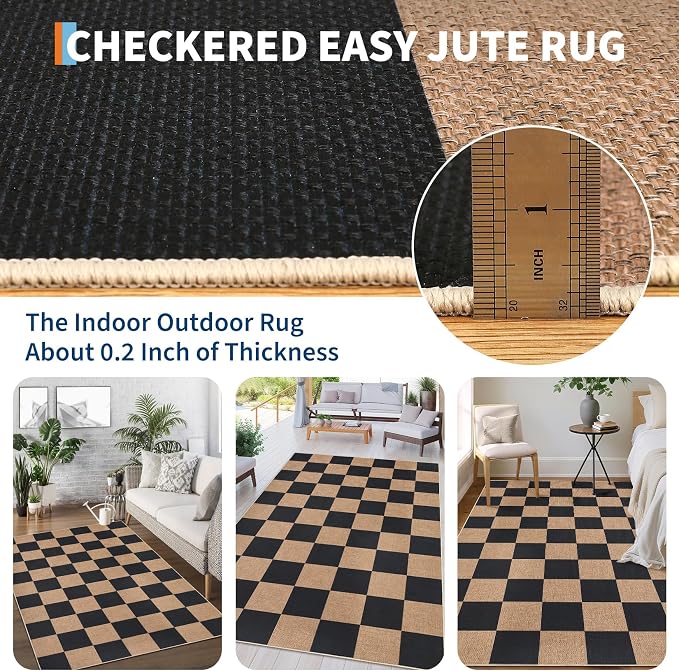 GarveeHome Easy Jute Area Rugs 6x9 for Living Room Non-Slip Backing Checkered Rugs Machine Washable Modern Indoor Outdoor Carpets for Dining Room Nursery Patio Bedroom Backyard Camping Black Tan