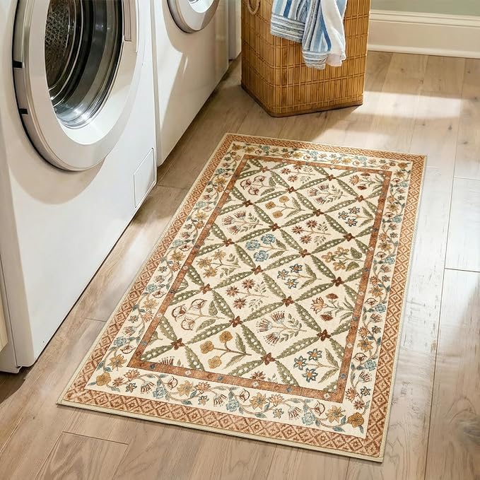 jinchan 2x3 Vintage Floral Washable Accent Entryway Area Rug, Terracotta | Soft & Lightweight, Floral Checkered, Low Pile, Non Slip, Entrance, Kitchen, Bedroom, Laundry Room, Samll, Doormat