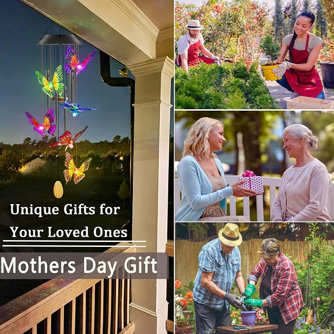 Solar Butterfly Wind Chime | Hanging Solar Decorative Lights Outdoor for Garden Porch Balcony, Birthday Gifts for Women, Moms, and Grandmothers