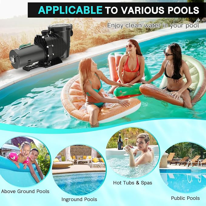 1.5HP Above/In Ground Pool Pump, 115V/230V 6600GPH Self Priming | High Flow Energy Efficient Pure Copper Motor, 1.5", 2", and 1.25"-1.5" Connectors, Strainer Basket & Drain Plug, Dual Voltage