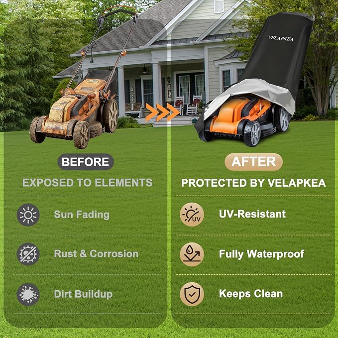 Push Lawn Mower Cover, 600D Heavy Duty Waterproof for Outdoor | Universal Fit 74"L x 25"W x 39"H, Double Stitched, UV & Weather Resistant, Adjustable Double Drawstring, Storage Bag Included
