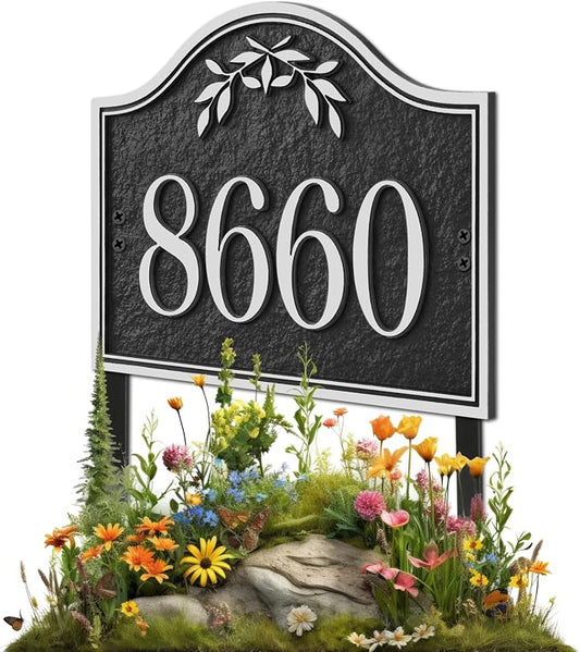 Yard Address Sign - Personalized Address Plaque,House Number Yard Sign,House Numbers for Outside,Lawn,Yard,Ground with 2 Stakes (Black/Silver)