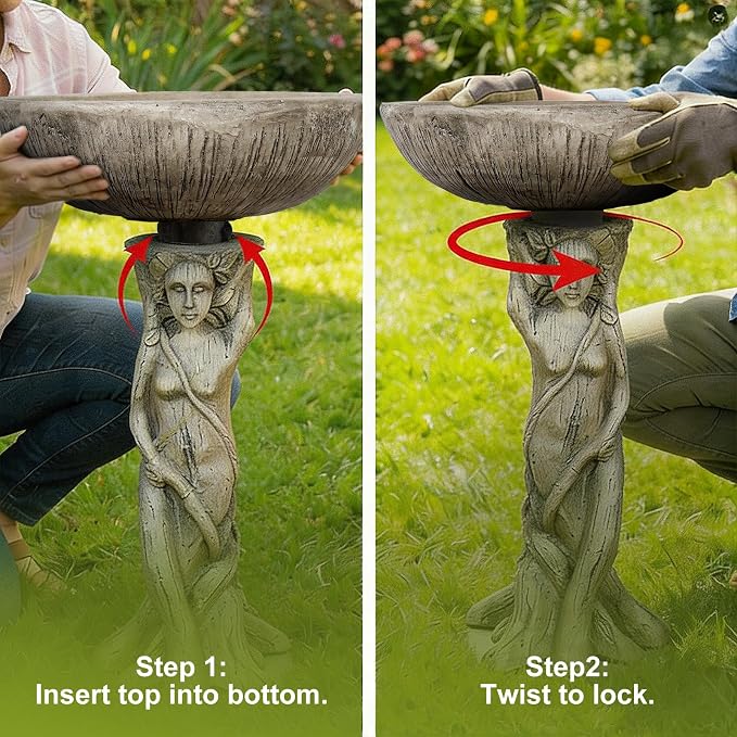 SKYFIRE 25” Tall Outdoor Concrete Bird Bath -Tree Nymph Goddess Pedestal Birdbath Bowl with Wood Grain Texture for Patio, Lawn, Yard, Outdoor Decor - 17”Dia. Garden Decor Statue Birdbaths for Birds