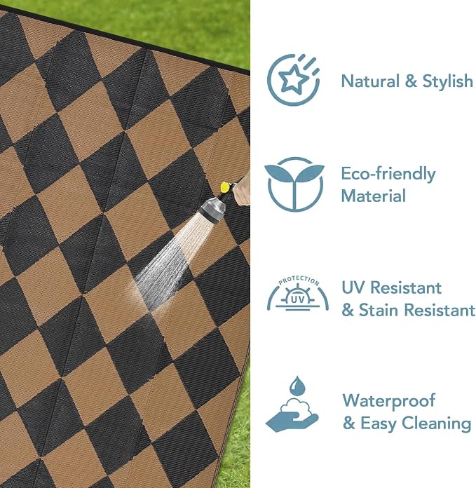 Garvee Outdoor Rug 9x18 Outdoor Patio Rug Reversible Plastic Straw Rugs Waterproof Foldable Mat Easy Clean Lightweight Carpet for Backyard Camping Porch RV Beach Balcony Deck Picnic Checkered Brown