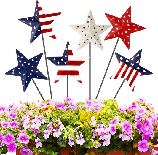Pickmesh 6 Pcs 12" H 4th of July Outdoor Decor Patriotic Metal Yard Sign Star Red White Blue Garden Stake USA Flag American Yard Sign for Memorial Day Independence Veterans Labor Day Decoration