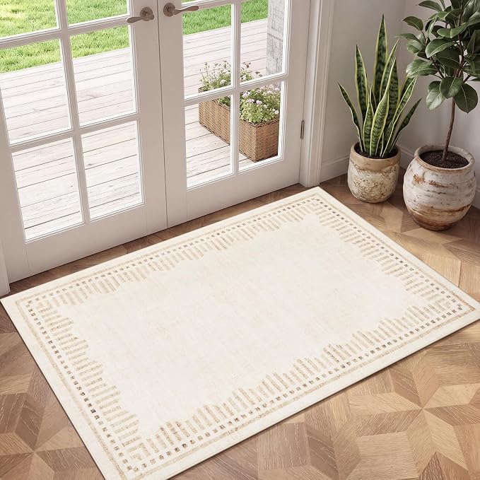 Garvee Small Area Rugs 2x3 Beige Washable Entryway Scalloped Throw Carpet | Non Slip Solid Color Low Pile Living Room Bedroom Rugs Pet Friendly Modern Geometric Kitchen Front Door Nursery Doot Mat