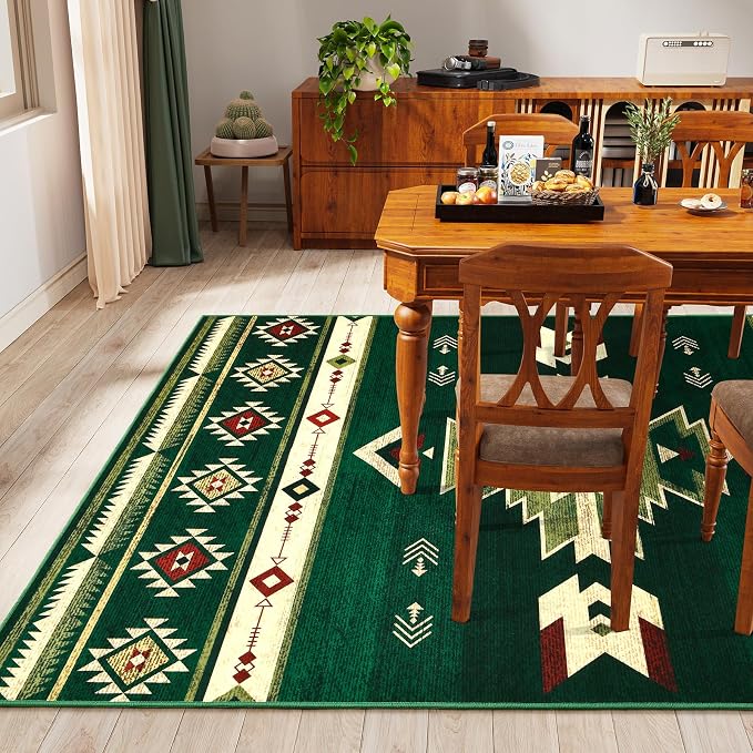BENRON Western Rugs for Living Room Bedroom 5x7, Non Slip Area Rugs, Green | Southwest aztec Rustic Rugs for Dining Table Kitchen Home Decor, Washable