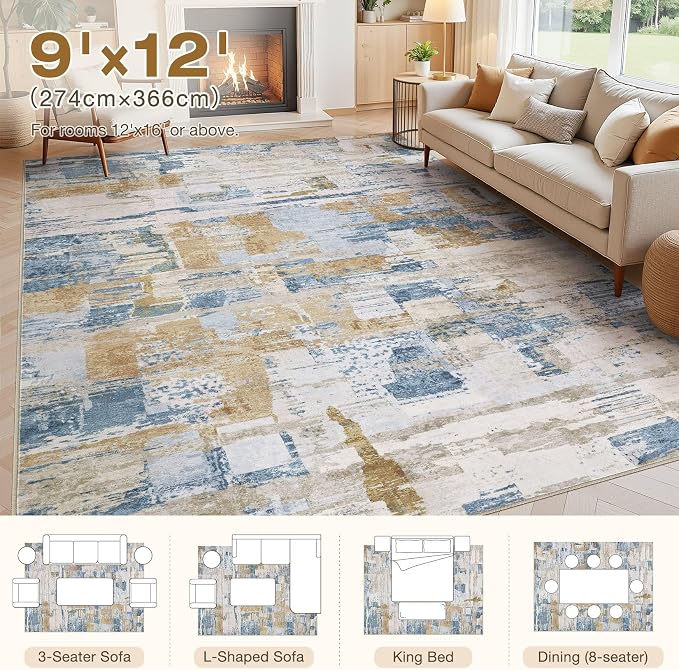 kakania Abstract 9x12 Area Rugs for Living Room: Washable Rugs Blue | Soft, Non-Slip, Low-Pile, Pet & Kid Friendly - Large Modern Home Decor Carpet for Bedroom/Dining Room/Office/Nursery