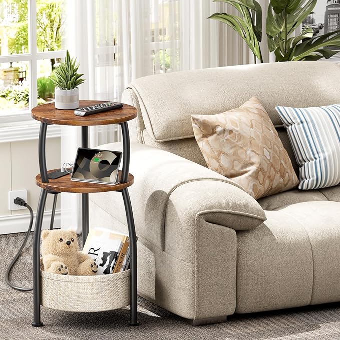 Side Table with Charging Station, Small Round End Table with Basket, USB and Type C Port, 3 Tiers Sofa Couch Table for Living Room Bedroom, Small Spaces, 11.81in Rustic Brown