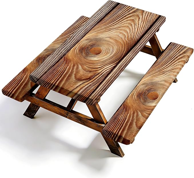 NYZE 3 Pieces Picnic Table Cover with Bench Covers Set, Camping Tablecloth, Tablecloth Cover with Drawstring Bag, Camping Essentials for Outdoor Picnics, Patio, BBQ (Wood Grain)