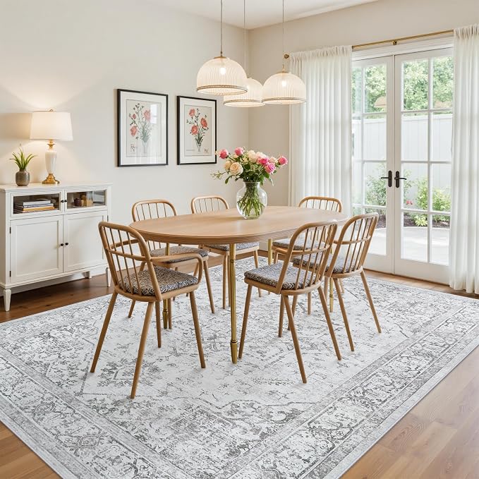 9x12 Washable Area Rugs for Living Room Grey Non-Slip Rug | Vintage Medallion Rug，Soft Low Pile Large Rugs，Indoor Retro Carpet for Bedroom Nursery Dining Table Farmhouse Home Office